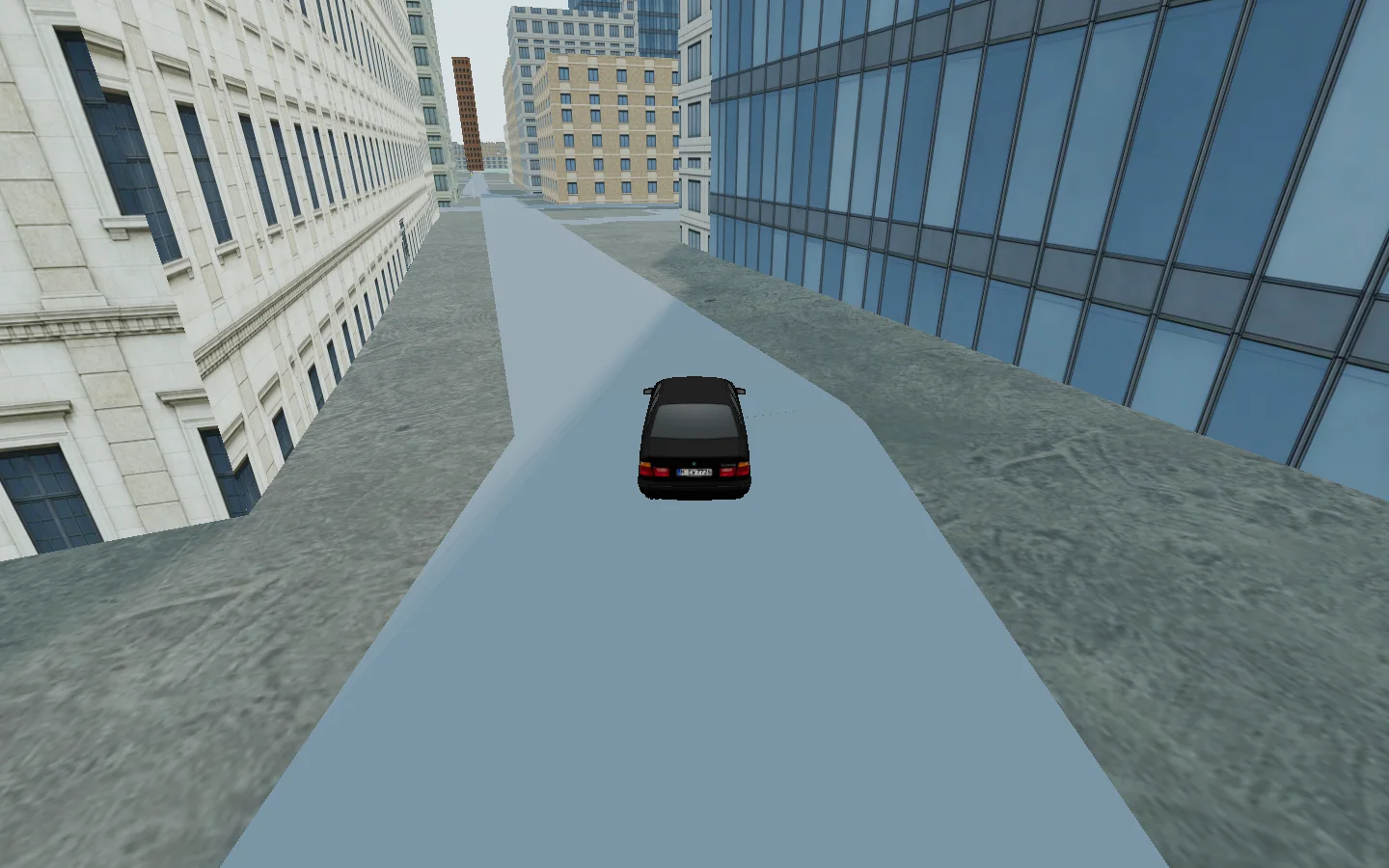 A black BMW being driven through a rendered Baltimore street in World Explorer