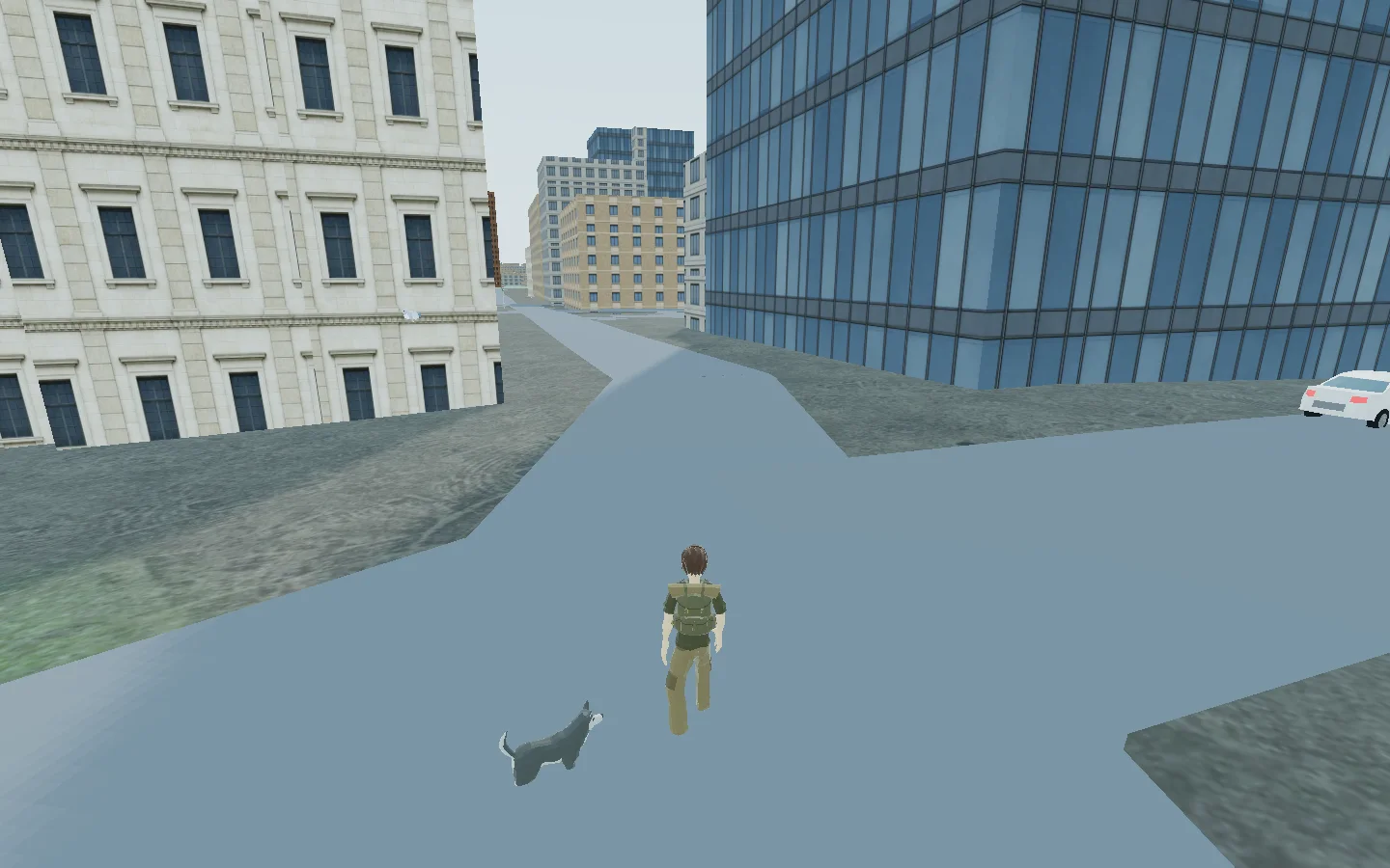 The current World Explorer character and dog companion standing on a rendered Baltimore street