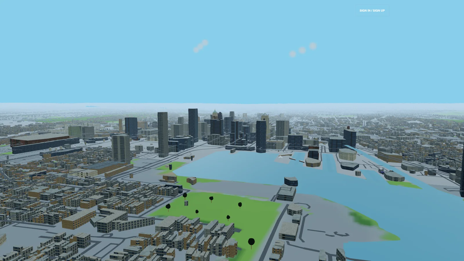 Baltimore skyline and tall downtown buildings viewed across the rendered Inner Harbor water