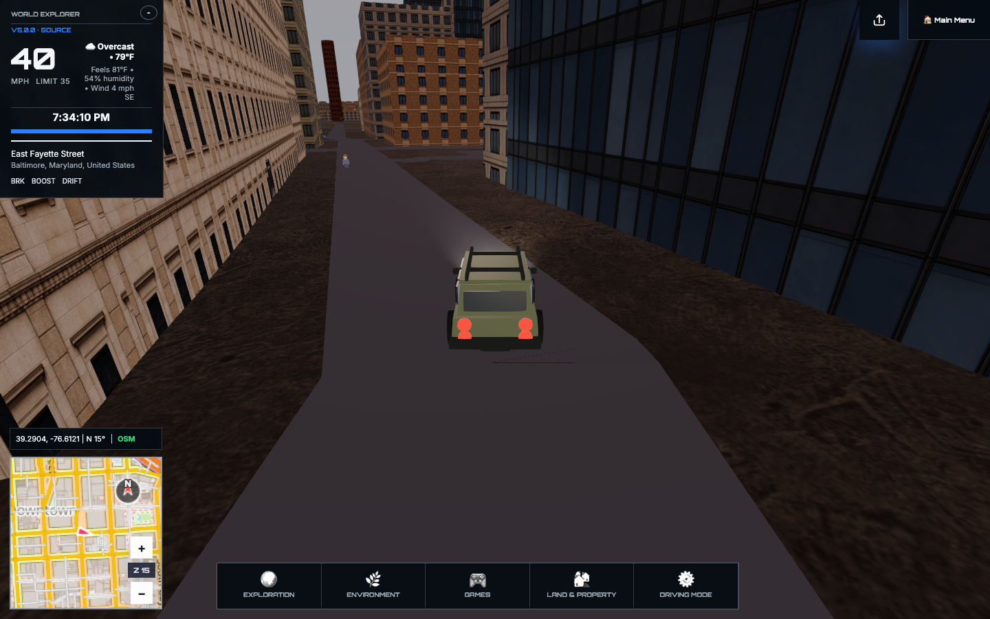 World Explorer 5.0 vehicle driving on an assembled Baltimore road
