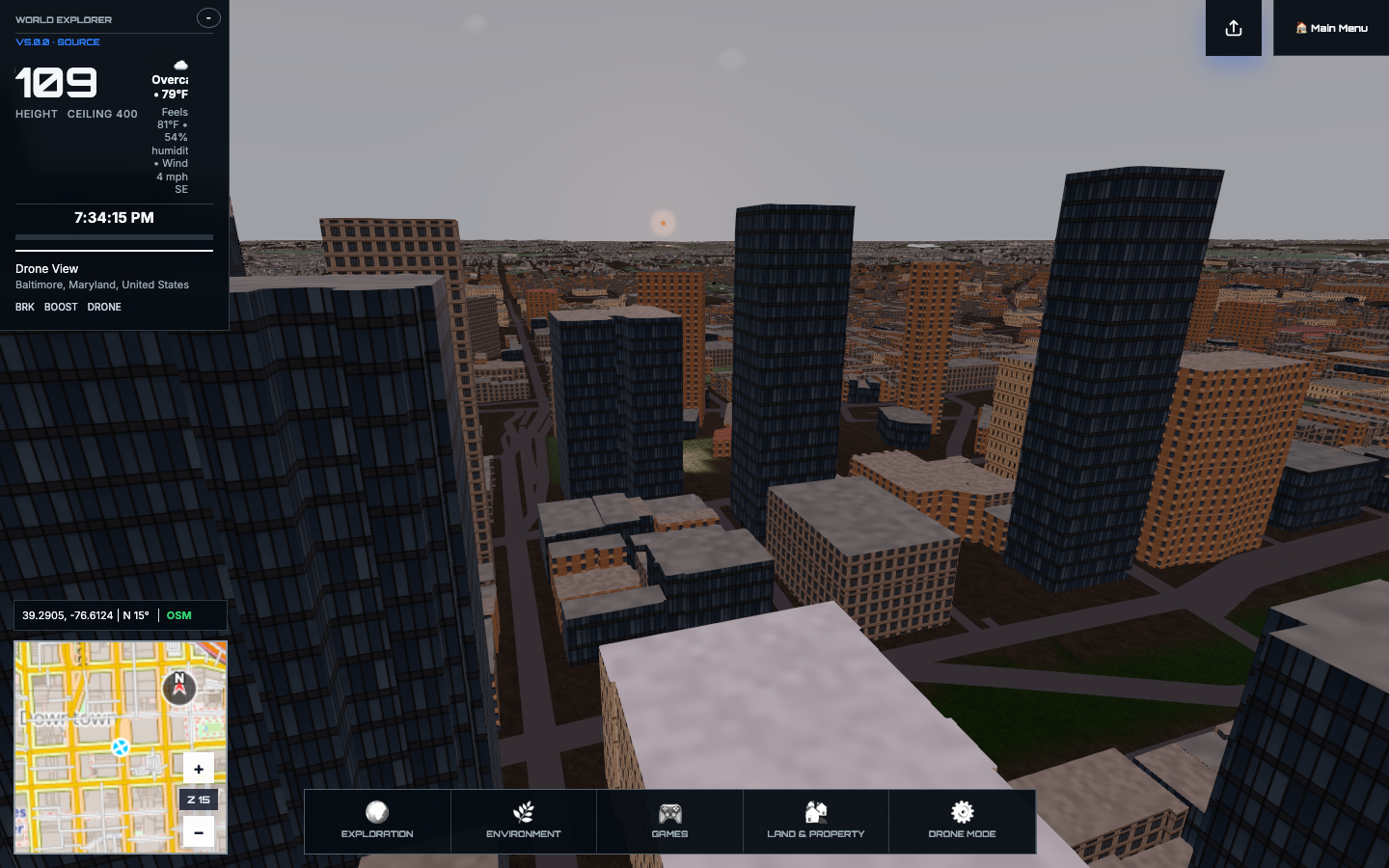 World Explorer 5.0 drone view above assembled Baltimore buildings