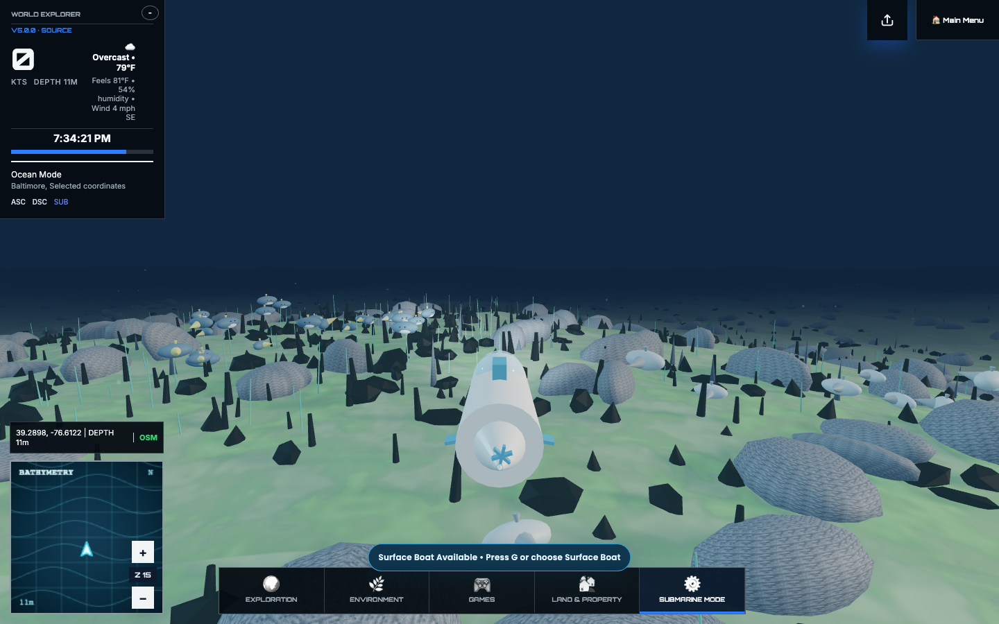 World Explorer 5.0 submarine traveling across a rendered ocean floor