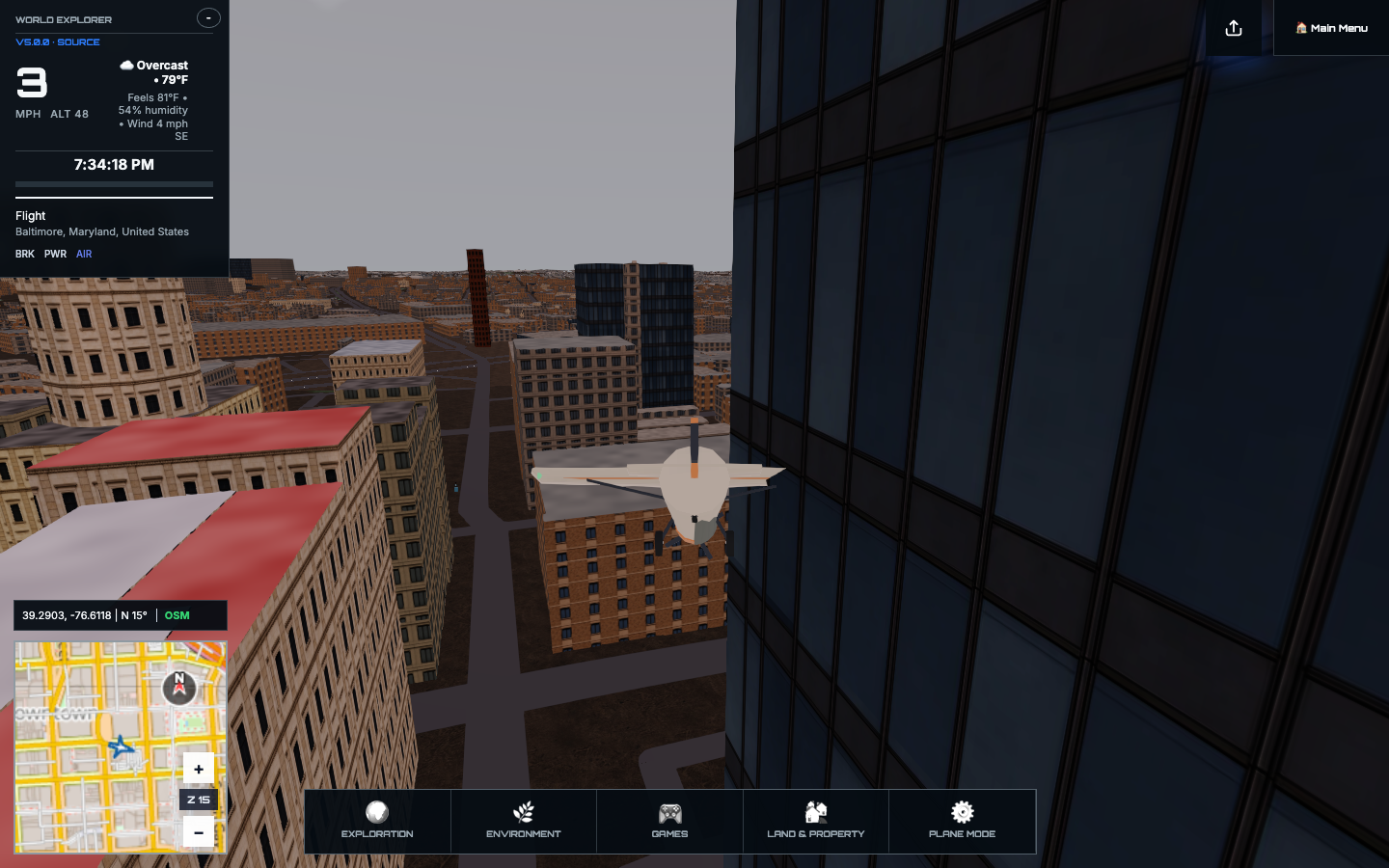 World Explorer 5.0 plane flying between assembled Baltimore buildings