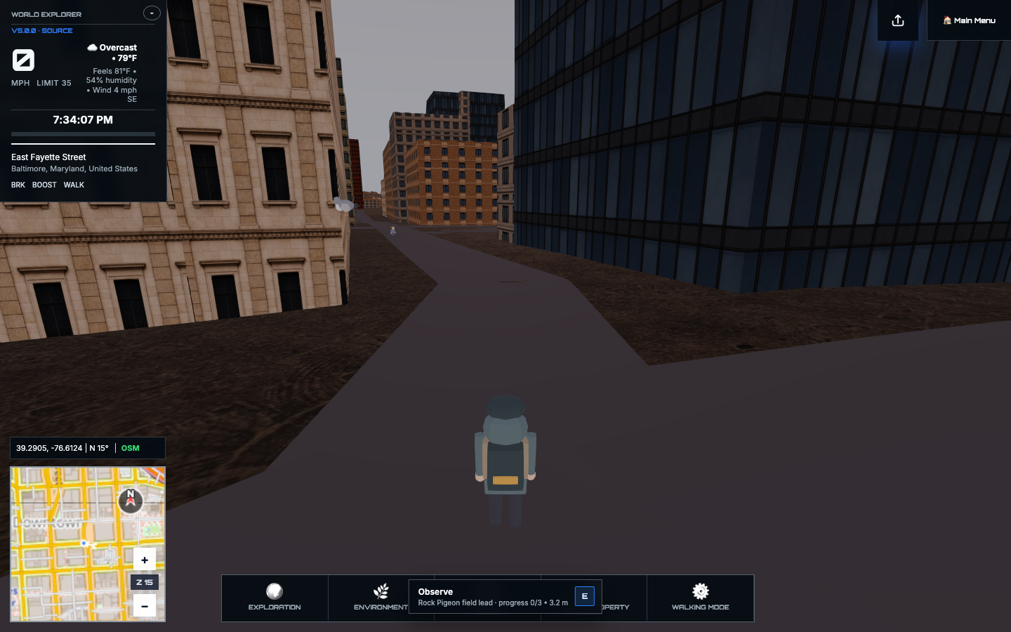 World Explorer 5.0 walking character on an assembled Baltimore street