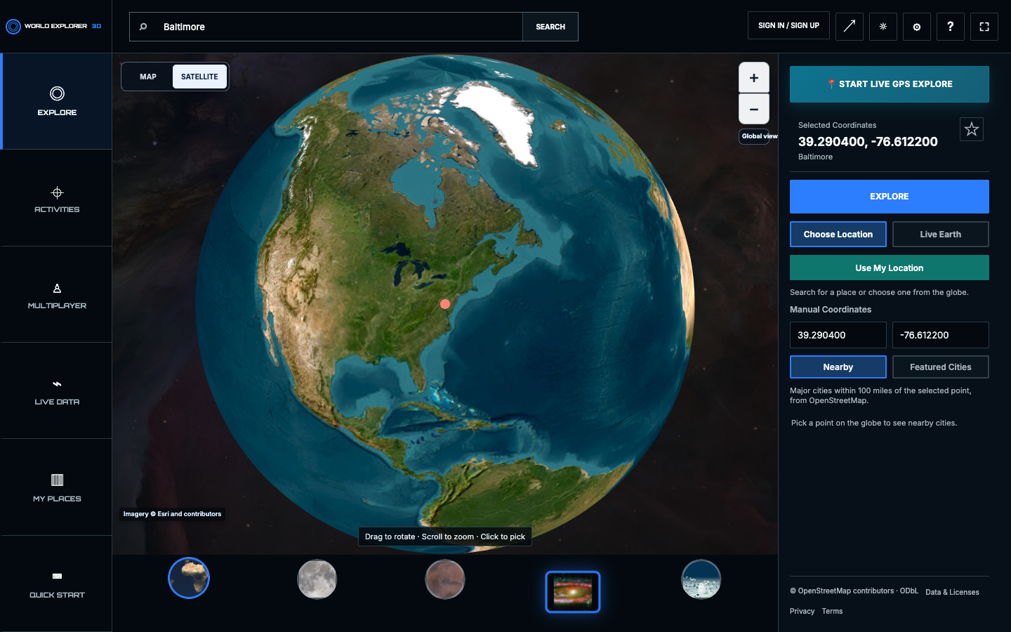 World Explorer 5.0 location selector with Baltimore selected on the interactive globe