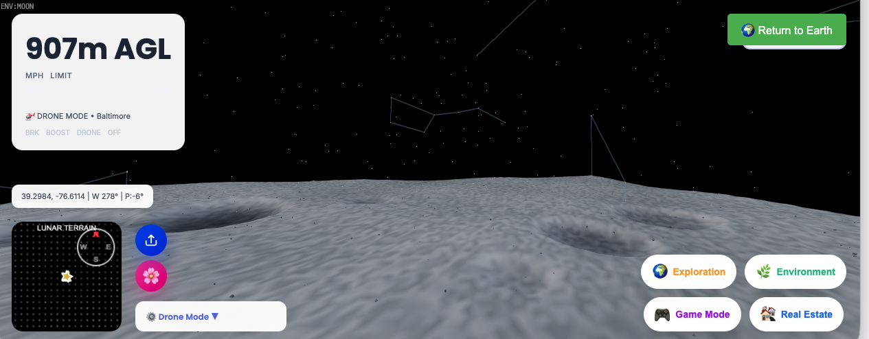 Drone mode on moon with star field