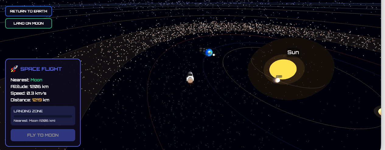 Space flight view with orbital paths and controls